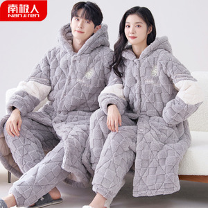 情侣睡衣冬季珊瑚绒三层夹棉加厚加绒男士女睡袍浅灰家居服秋冬款