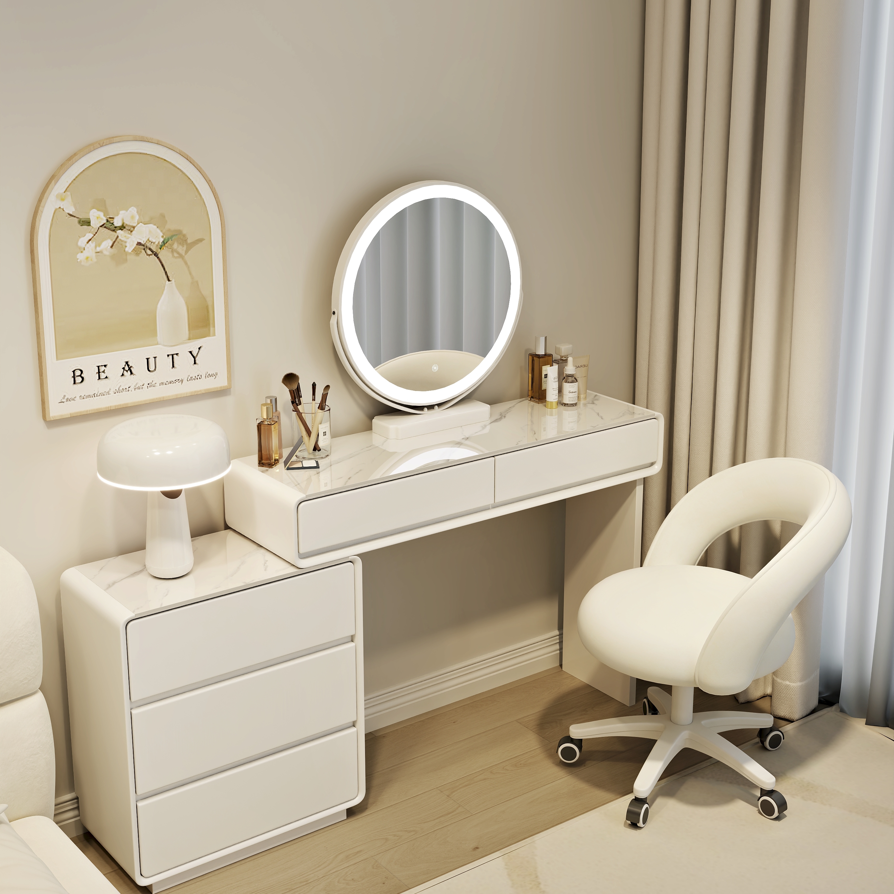 新款奶油风梳妆台皮质软包化妆桌卧室现代简约一体整装送货上门