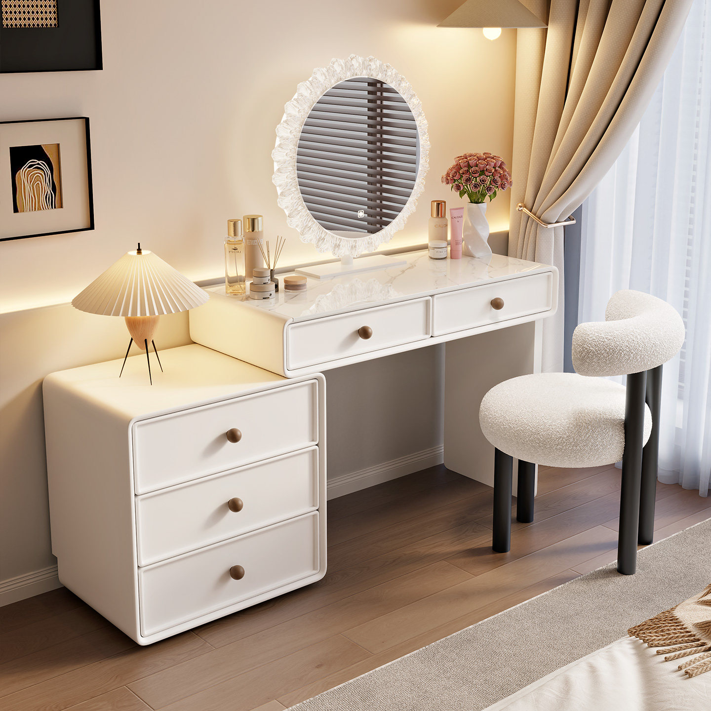 中古风轻奢实木岩板梳妆台化妆桌大容量复古卧室简约一体收纳柜