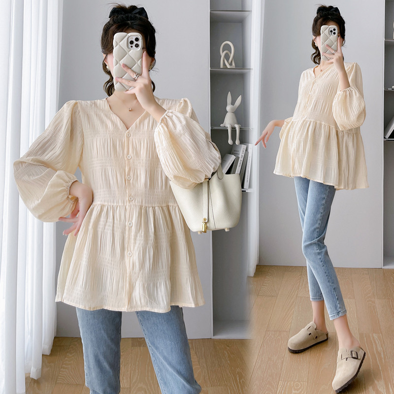 PREGNANT WOMEN AUTUMN LONG SLEEVE TOP FRENCH V-NECK GENTLE LOOSE PREGNANCY BELLY COVER OPEN BUTTON DOLL SHIRT TOP