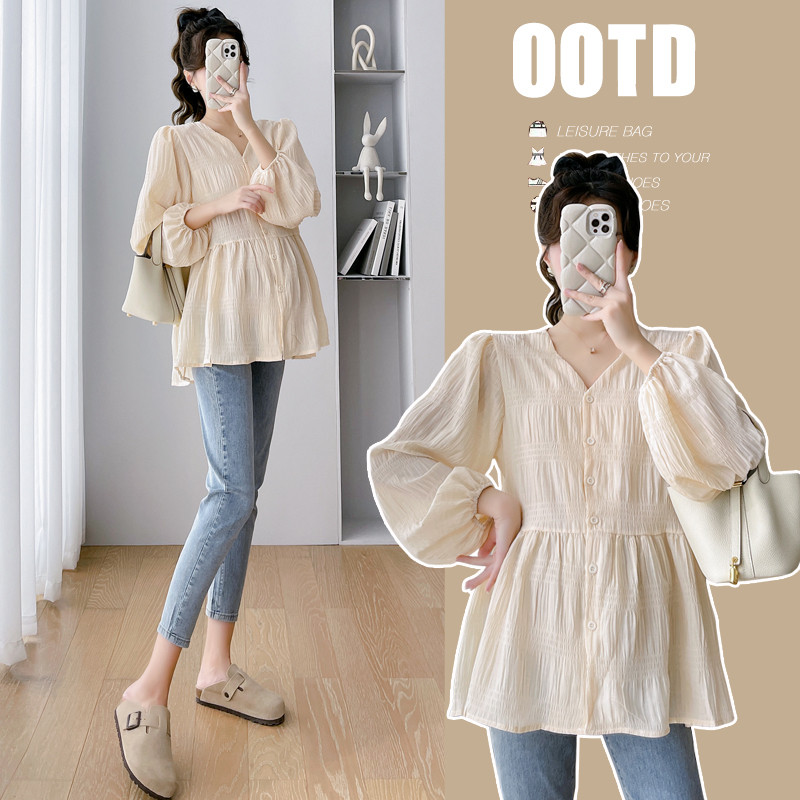PREGNANT WOMEN AUTUMN LONG SLEEVE TOP FRENCH V-NECK GENTLE LOOSE PREGNANCY BELLY COVER OPEN BUTTON DOLL SHIRT TOP