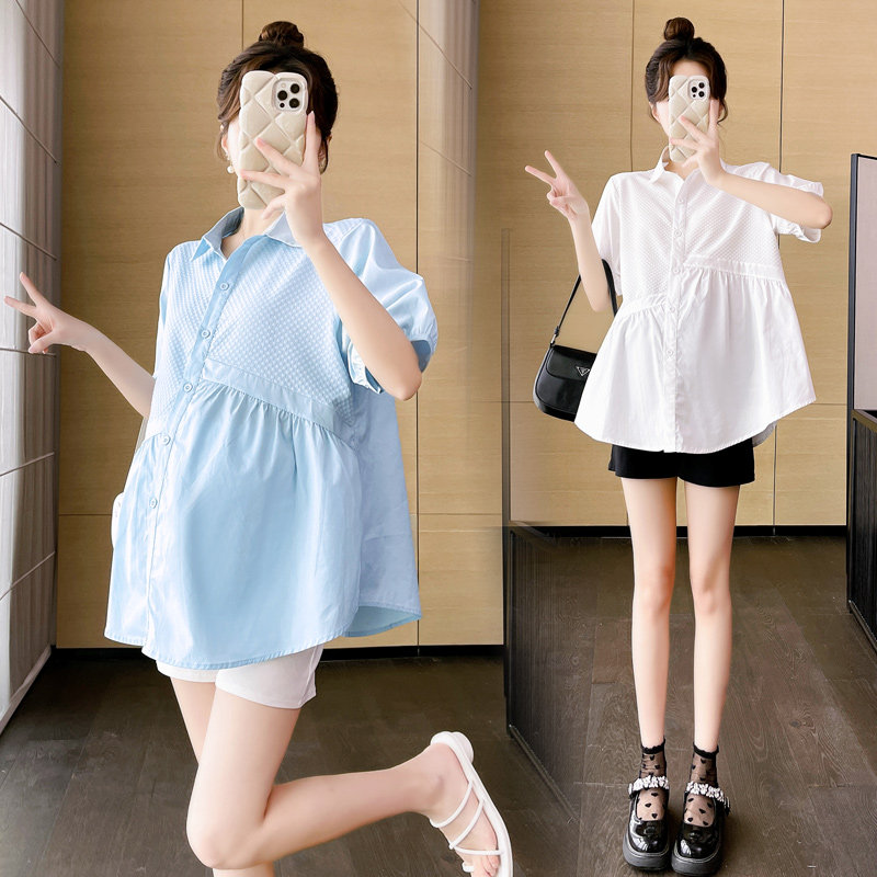 PREGNANT WOMAN SHORT SLEEVE SHIRT 2024 SUMMER NEW PREGNANCY LOOSE FASHION BABYDOLL SHIRT PUFFERED SHIRT TOP DRESS