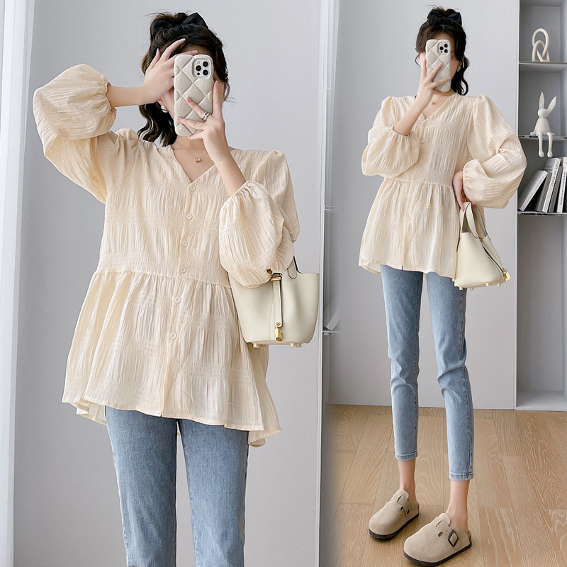 PREGNANT WOMEN AUTUMN LONG SLEEVE TOP FRENCH V-NECK GENTLE LOOSE PREGNANCY BELLY COVER OPEN BUTTON DOLL SHIRT TOP