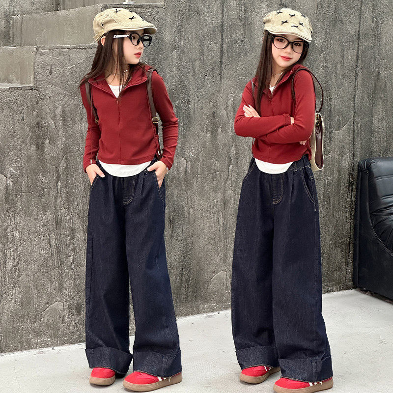 女童套装秋季2024新款韩版长袖T恤阔腿牛仔裤复古两件套中大童潮