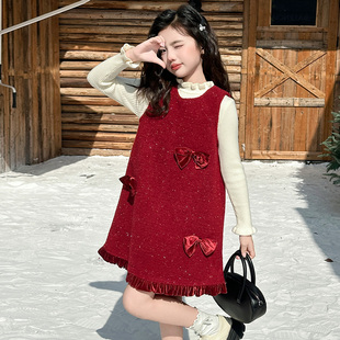 裙子 儿童加绒新年红色背心裙女孩小香风套装 女童连衣裙秋冬款 新款