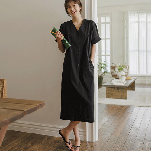 H型棉麻纯色落肩袖V领短袖宽松