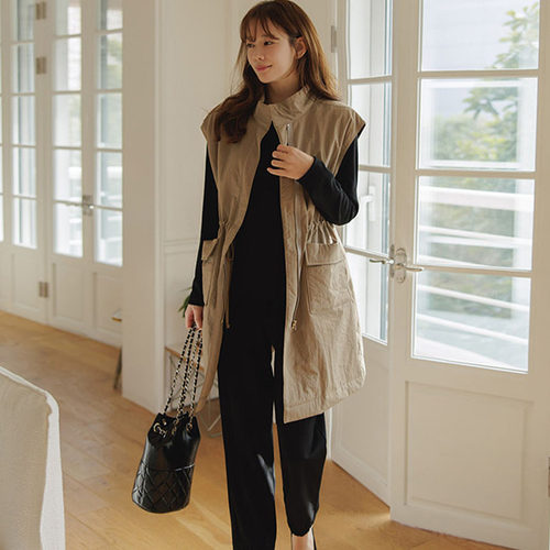 中长款风衣马甲百搭抽绳系带立领