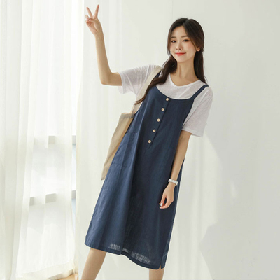 棉麻背带连衣裙2025新款女夏季文艺吊带裙子休闲大码宽松过膝