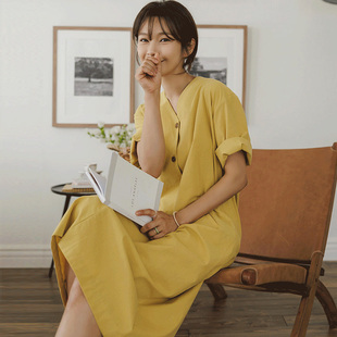 黄色棉麻连衣裙纯麻衬衫裙宽松文艺春夏秋女中长款休闲2025新款