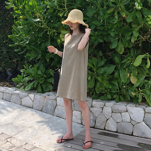 连衣裙圆领背带无袖夏女韩版棉麻
