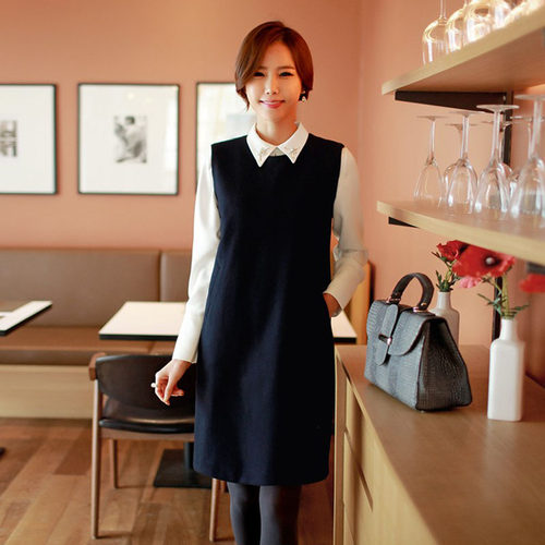 羊毛纯色韩版H型黑色圆领连衣裙