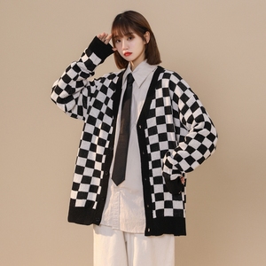 新款春秋中性风棋盘格毛衣情侣潮流宽松针织开衫XZ1002-1-Y22P55图片