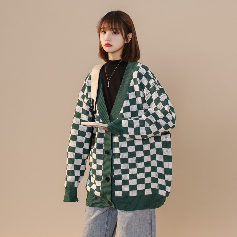 新款春秋中性棋盘格毛衣情侣潮流宽松针织开衫XZ1002-1-Y22P55,男装针织衫/毛衣,星座906（原电商a316-1）