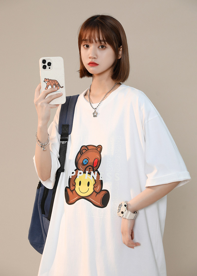 xz1002-1-Y43P25限38  克莱因蓝中性新款小熊印花宽松落肩T恤图片