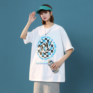 夏款中性新款棋盘格印花落肩全棉宽松T恤xz1002-1-Y30P25限39图片