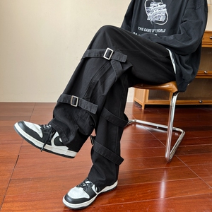 美式棕色绑带工装裤潮流休闲炸街痞帅男长裤z1002-1-K51P55图片