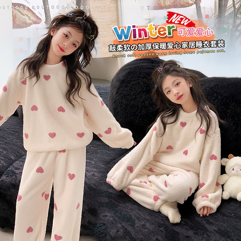 睡衣女童加绒加厚法兰绒套装套头家居服秋冬珊瑚绒中大童可爱儿童