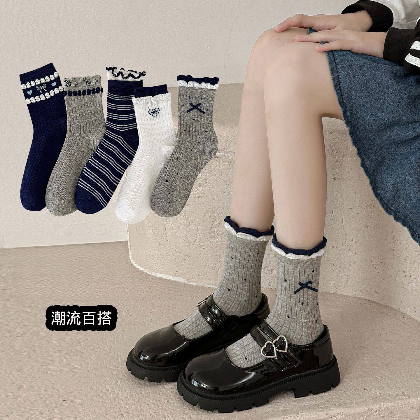 女童袜子学院风儿童袜春秋中筒袜女孩中大童蝴蝶结花边百搭棉袜秋
