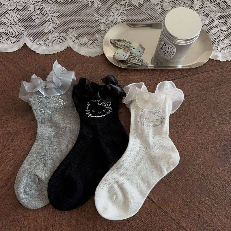 儿童袜子春夏薄款新款女童水晶卡通KT猫花边童袜百搭中大童中筒袜