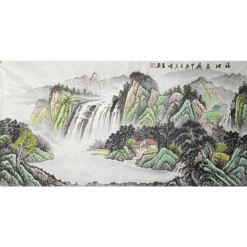 纯手绘国画四尺山水福地安居锦绣江山客厅办公室挂画