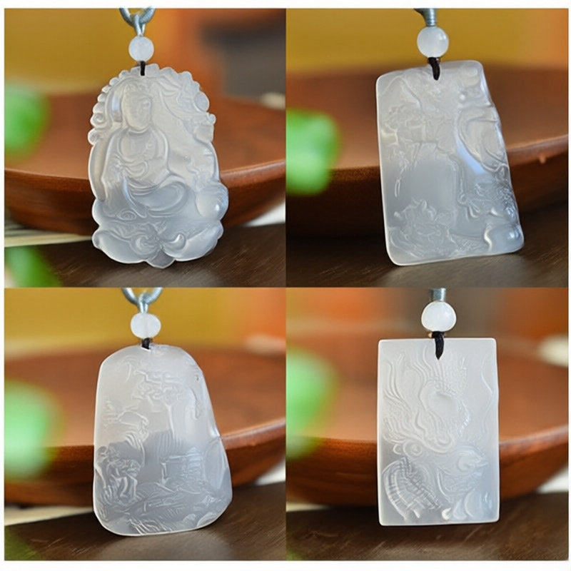 冰种白玉髓龙牌吊坠白玛瑙山水牌子挂件御龙饰品