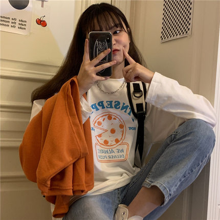 小众设计感韩版圆领印花纯棉长袖T恤女秋季新款上衣外穿打底衫