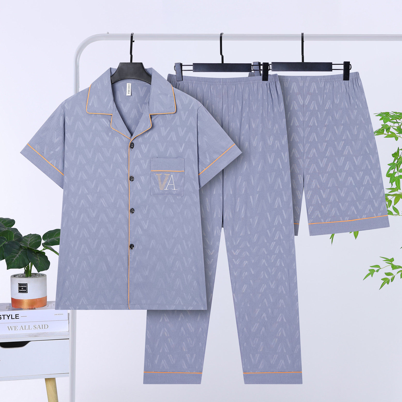 男款睡衣三件套夏季短袖长裤纯棉中老年爸爸男式家居服可外穿套装