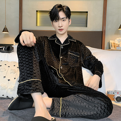 春秋金丝绒睡衣男士中老年高级感男款薄绒家居服青年大码两件套装