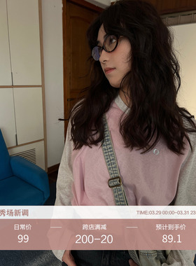 POXFFEE/美式复古撞色插肩袖T恤女春宽松显瘦休闲长袖打底衫上衣