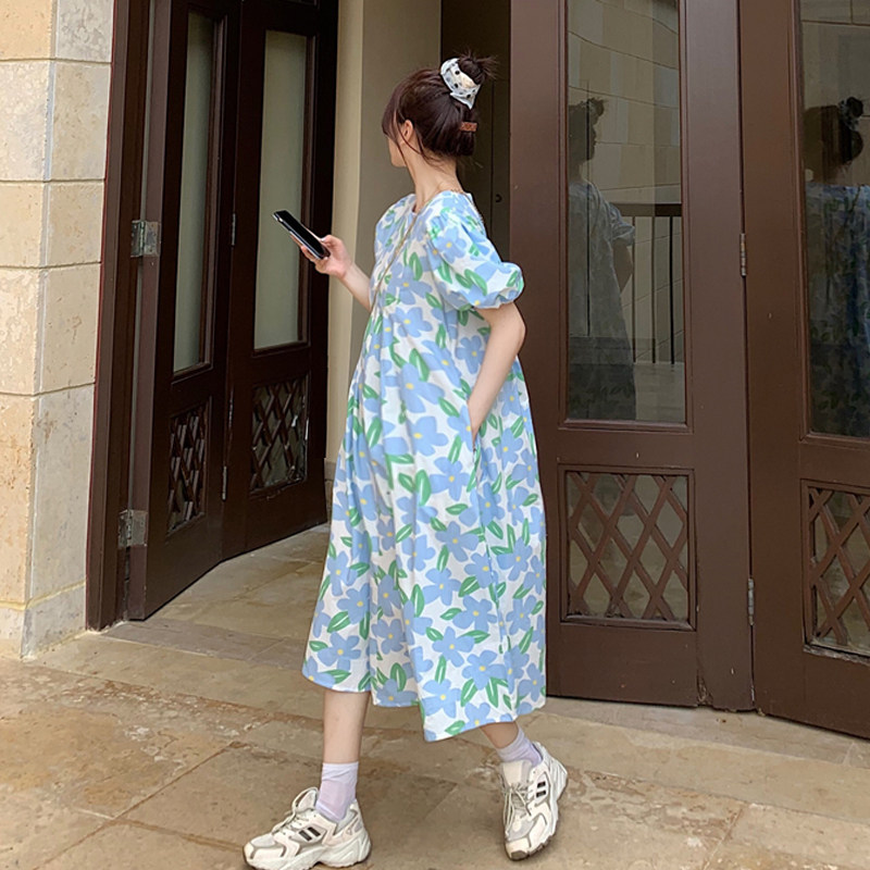 夏天孕妇花朵裙子纯棉法式减龄夏季孕妇泡泡袖娃娃连衣裙女中长款