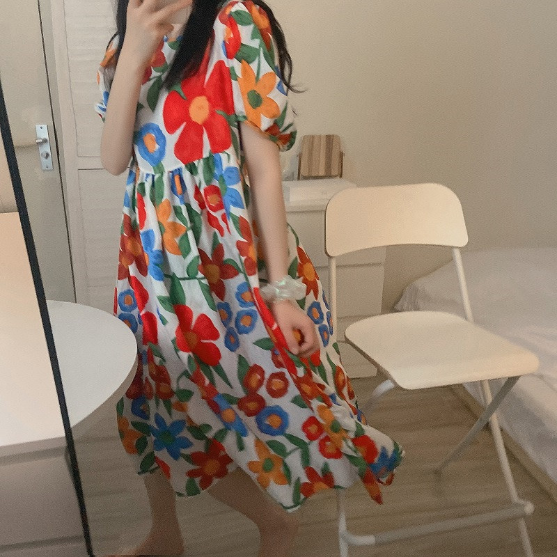夏天孕期裙子时尚款复古印花孕妇娃娃连衣裙宽松显瘦中长裙子夏季