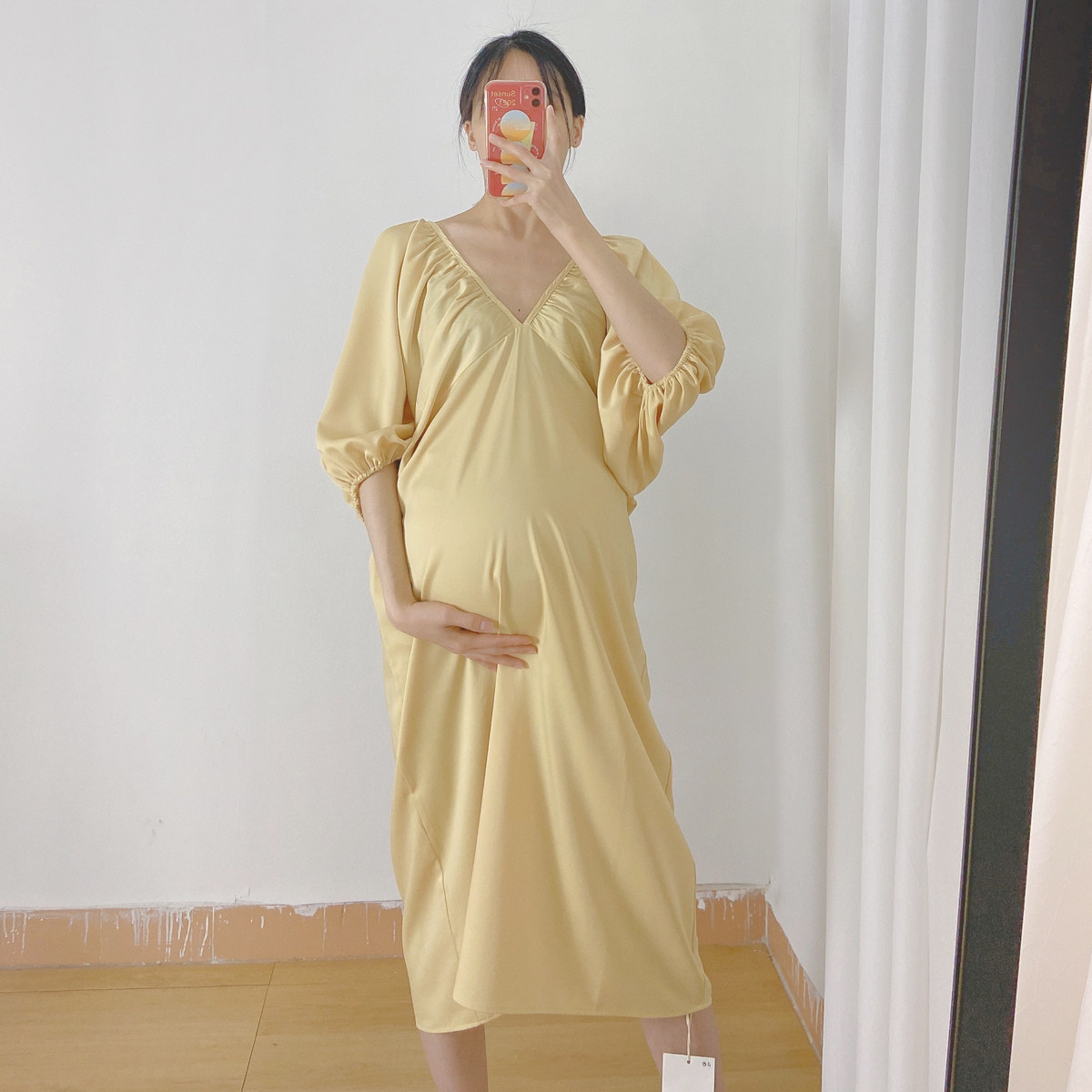 冰凉感！醋酸缎面~夏季孕妇V领连衣裙女高级感气质孕妈妈裙子黄色