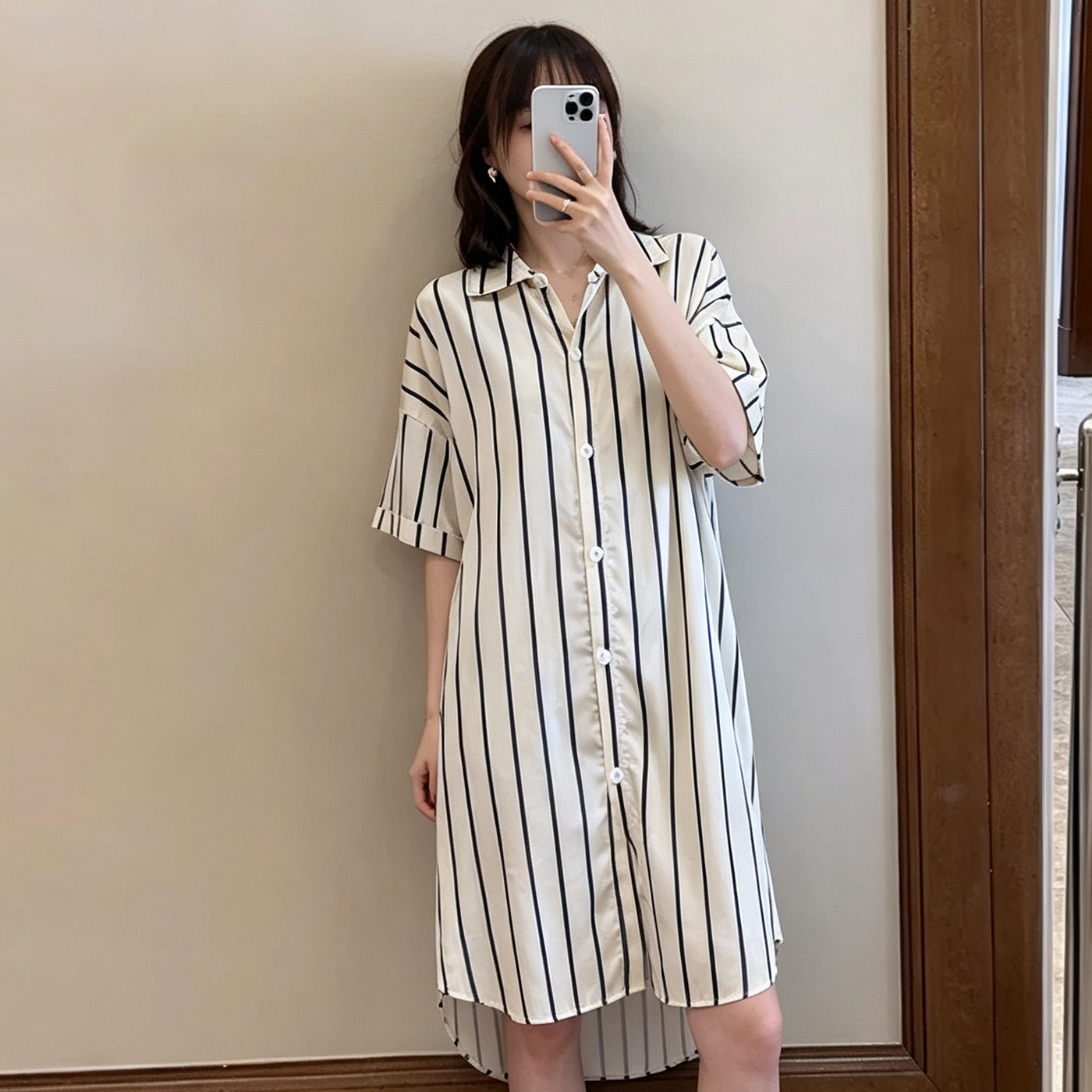 夏季优雅条纹孕妇衬衫裙中长款