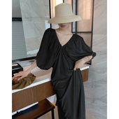 黑色V领连衣裙中长裙 复古蝙蝠袖 法式 优雅高级感孕妇连衣裙夏季