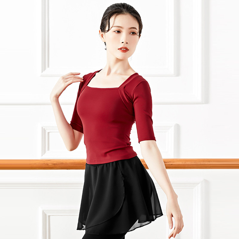 现代舞练功服女成人中袖方领上衣假两件芭蕾舞演出服艺考舞蹈服装