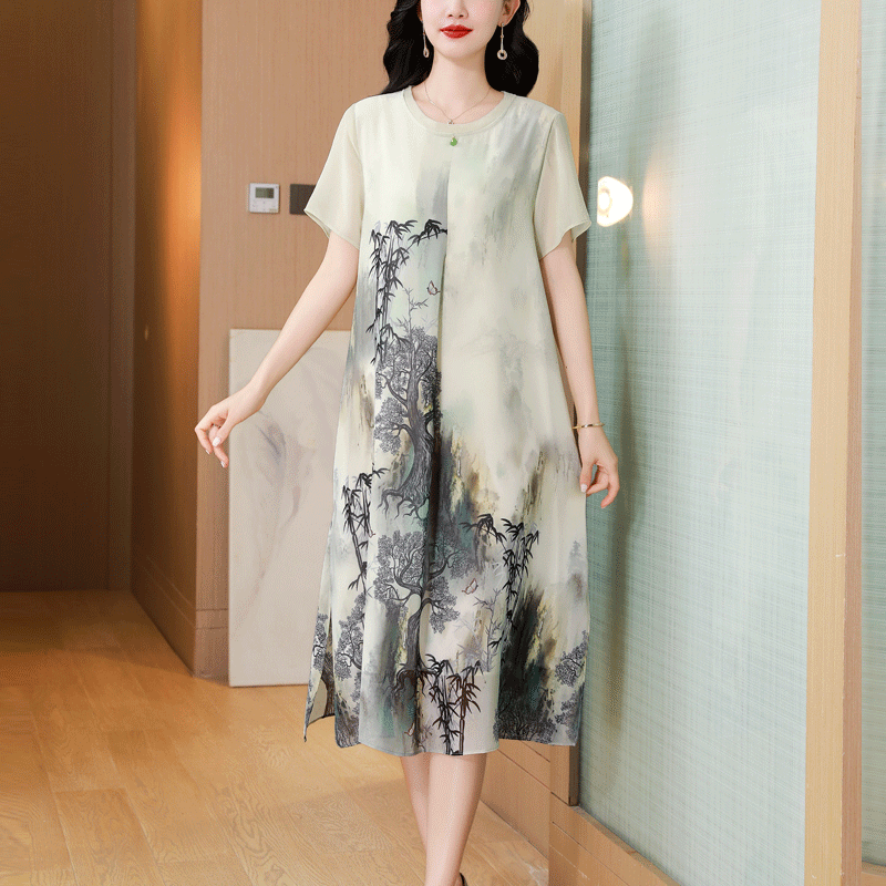 胖妈妈新中式真丝连衣裙女宽松大码中老年复古印花桑蚕丝中长裙子
