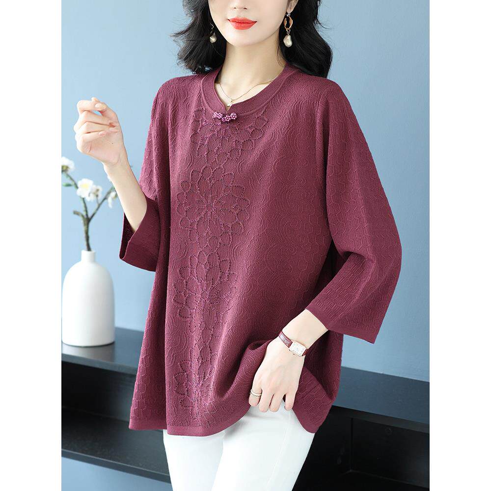 加肥加大码桑蚕丝上衣女洋气中年妈妈春秋七分袖针织打底t恤薄款