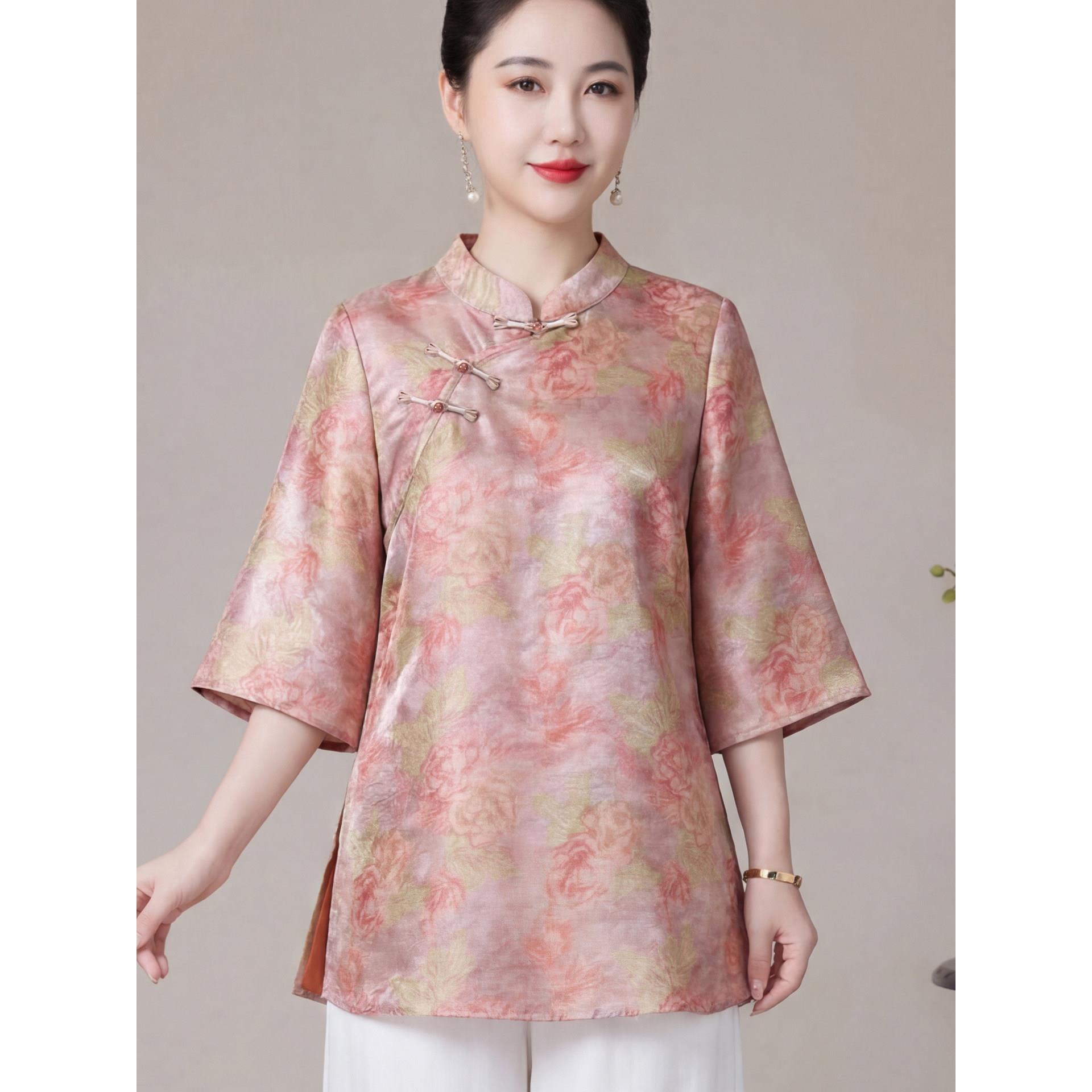 中老年女夏装改良旗袍香云纱上衣中国风妈妈高端桑蚕丝小衫中长款