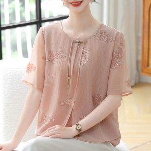 中老年人女装 时尚 t恤2025新款 短袖 显瘦遮肚圆领套头上衣 妈妈夏装