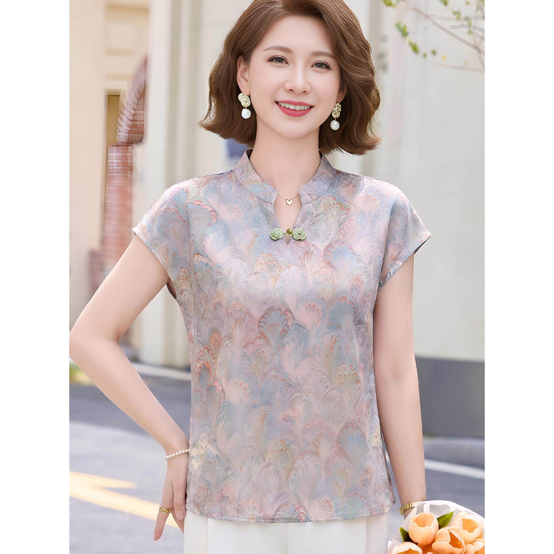 妈妈夏装香云纱真丝短袖上衣小个子中年女国风桑蚕丝旗袍小衫套装