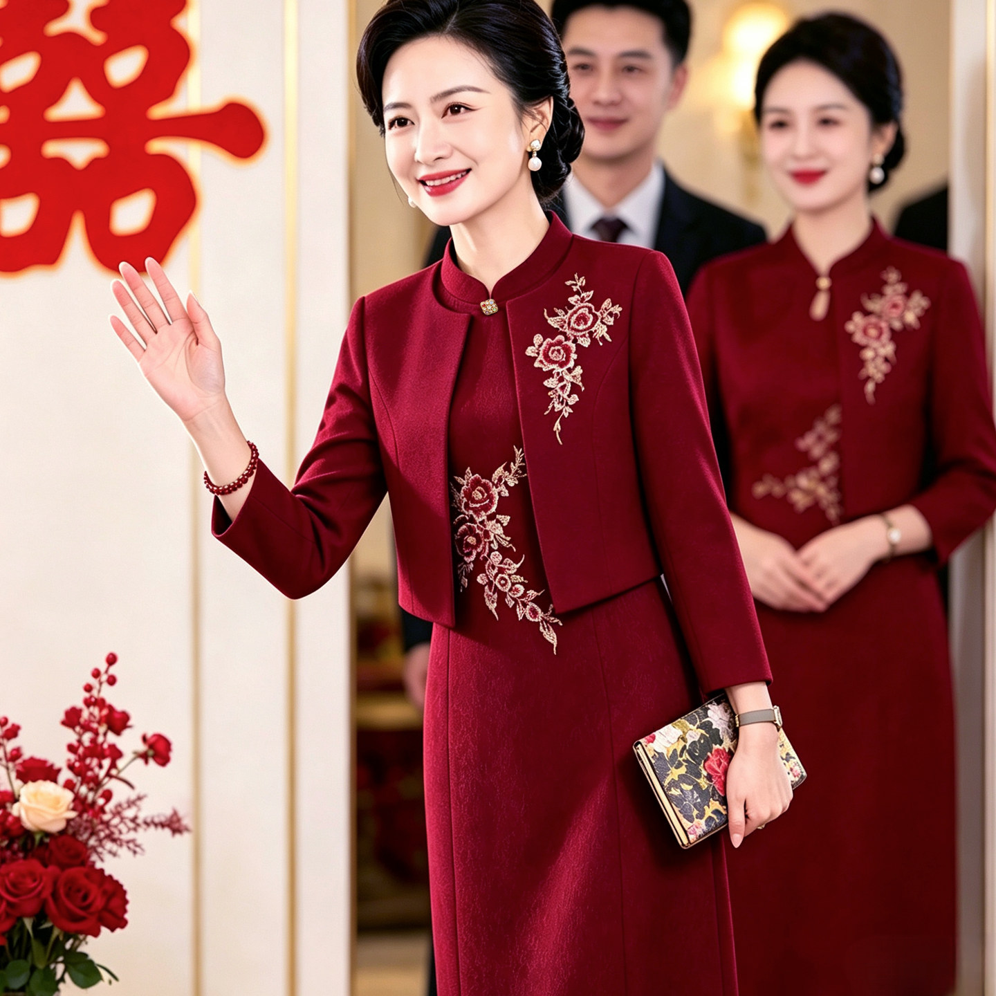 结婚礼服妈妈秋红色套装裙2026新款喜婆婆婚宴装衣服平时可穿高贵
