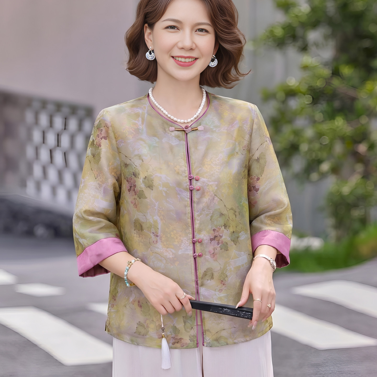 妈妈夏季新中式衬衫2026新款中老年女装宽松大码雪纺薄款上衣套装