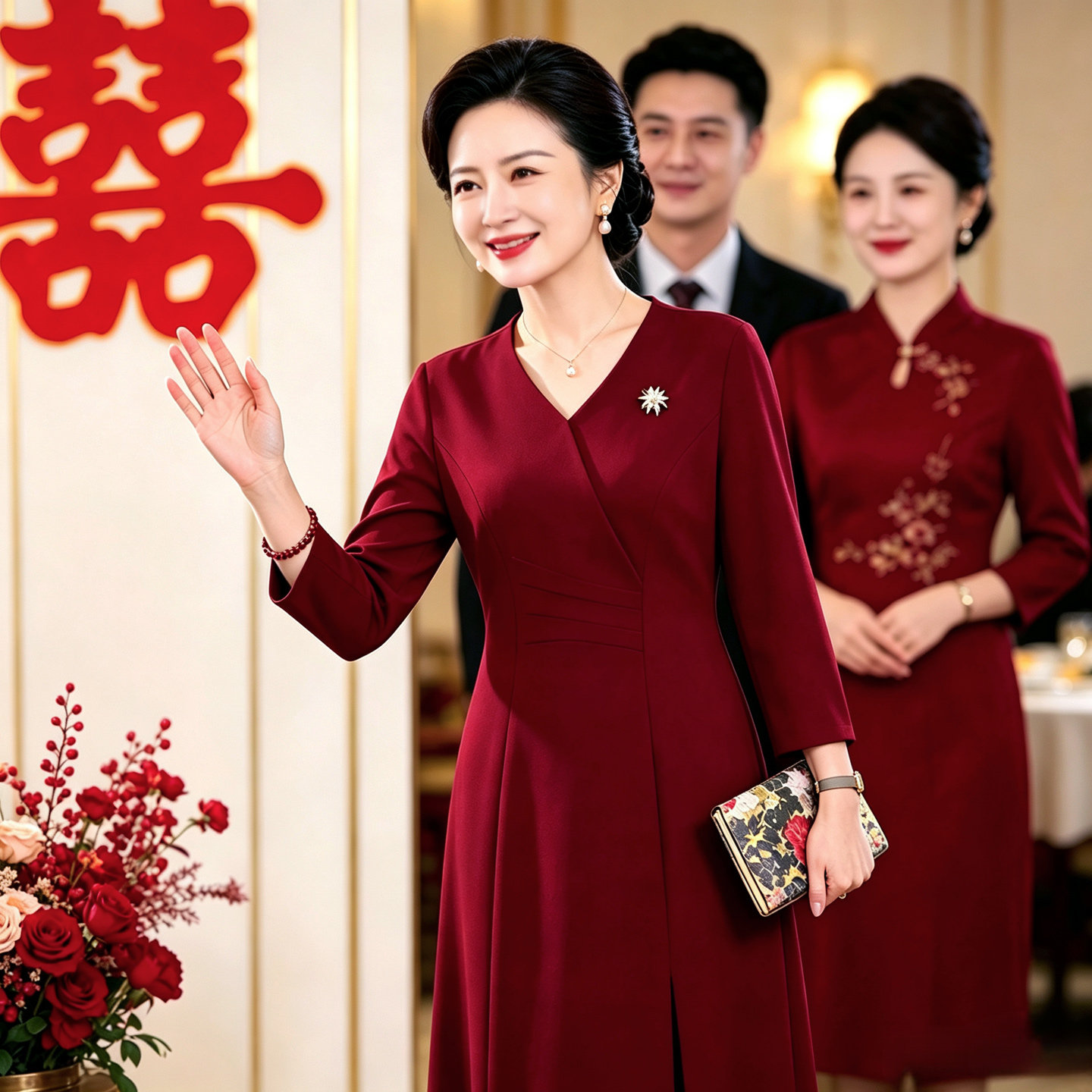 端庄大气喜婆婆婚宴秋装加大码高贵礼服2026妈妈红色裙子平时可穿