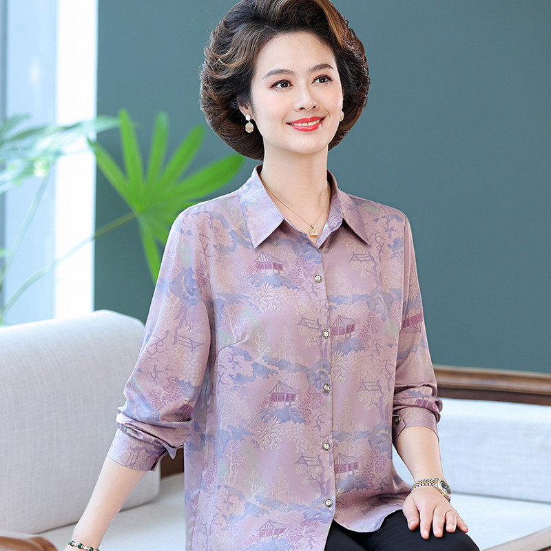 妈妈春夏装长袖真丝衬衫中老年女装大码洋气桑蚕丝衬衣老太太套装