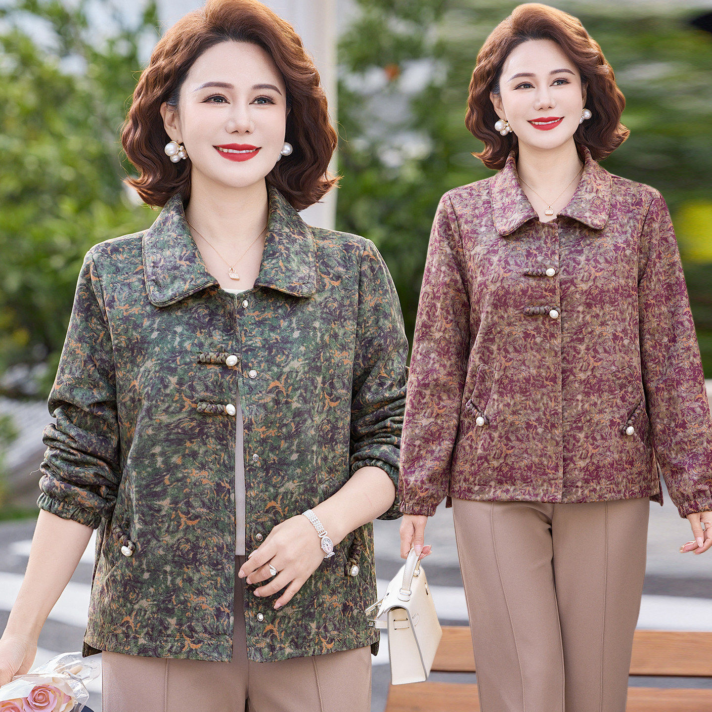 新中式妈妈春装翻领外套女中老年春秋洋气短款夹克开衫气质上衣服