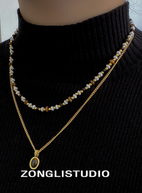 纵里双层叠戴虎睛石吊坠项链女