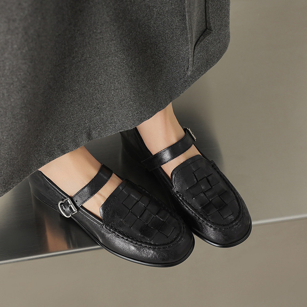 英伦风真皮乐福鞋女黑色搭扣圆头通勤百搭厚底单鞋低跟软底豆豆鞋,女鞋,乐福鞋（豆豆鞋）,淘宝优惠券,粉丝福利购,淘宝优惠卷