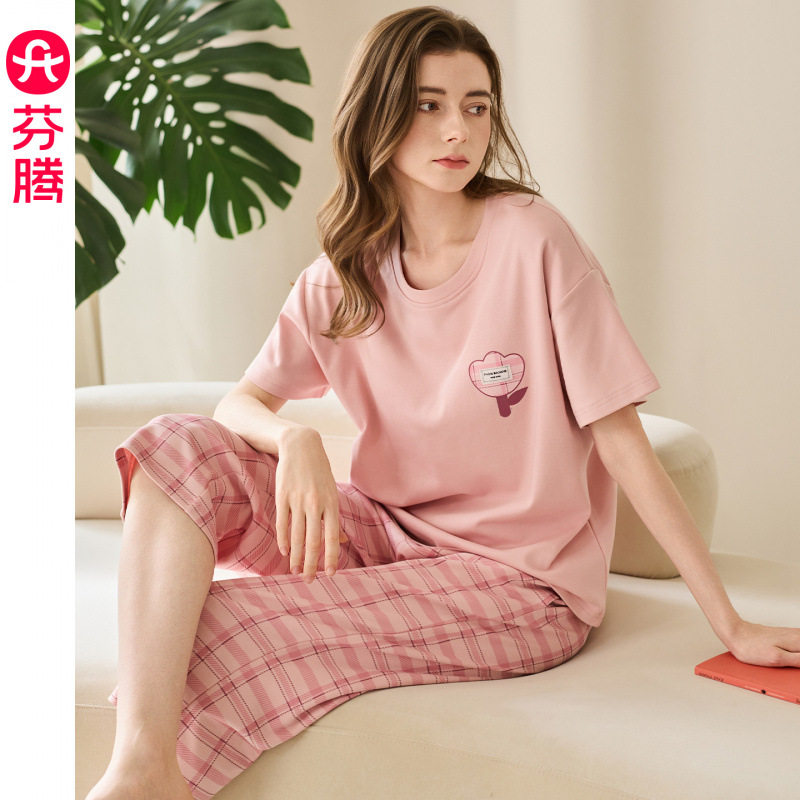芬腾纯棉睡衣女士夏季薄款短袖格子七分裤套装大码休闲全棉家居服