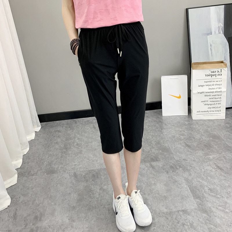 户外休闲冰丝速干裤女士春夏季七分裤薄款透气跑步运动松紧腰裤