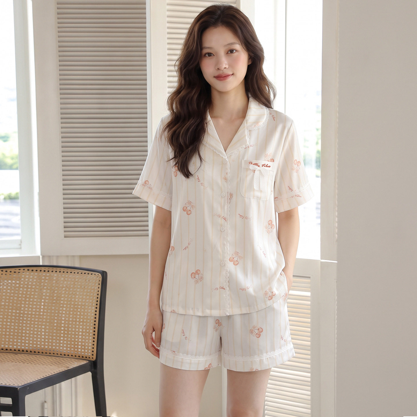 条纹樱桃印花冰丝睡衣女夏季短袖短裤蕾丝翻领凉感丝绸家居服套装